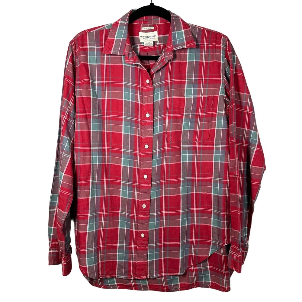 Ralph Lauren Denim & Supply Large Red Gray Plaid Long Sleeve‎ Button Up Shirt
